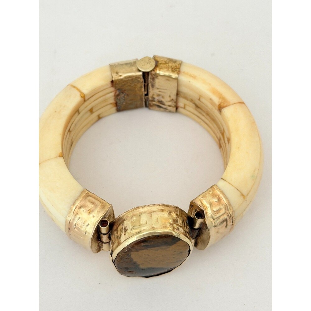 Vintage 1970s Tribal Brass Camel Bone Hinged Bangle Tiger's Eye Bracelet